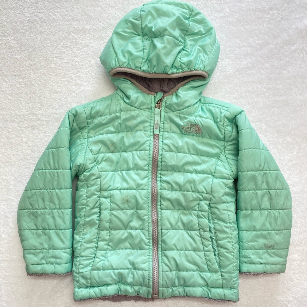3T The North Face Mint Green Faux Fur lined Hooded Girls Jacket